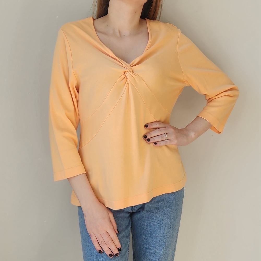 Norm Thompson Knot Front Tee V Neck Orange Top L Cotton